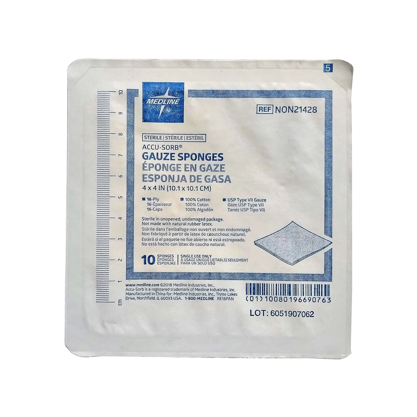 Medline Accu-Sorb Gauze Sponges, 4" X 4", 10 Count, 1 Pack Each, By Medline