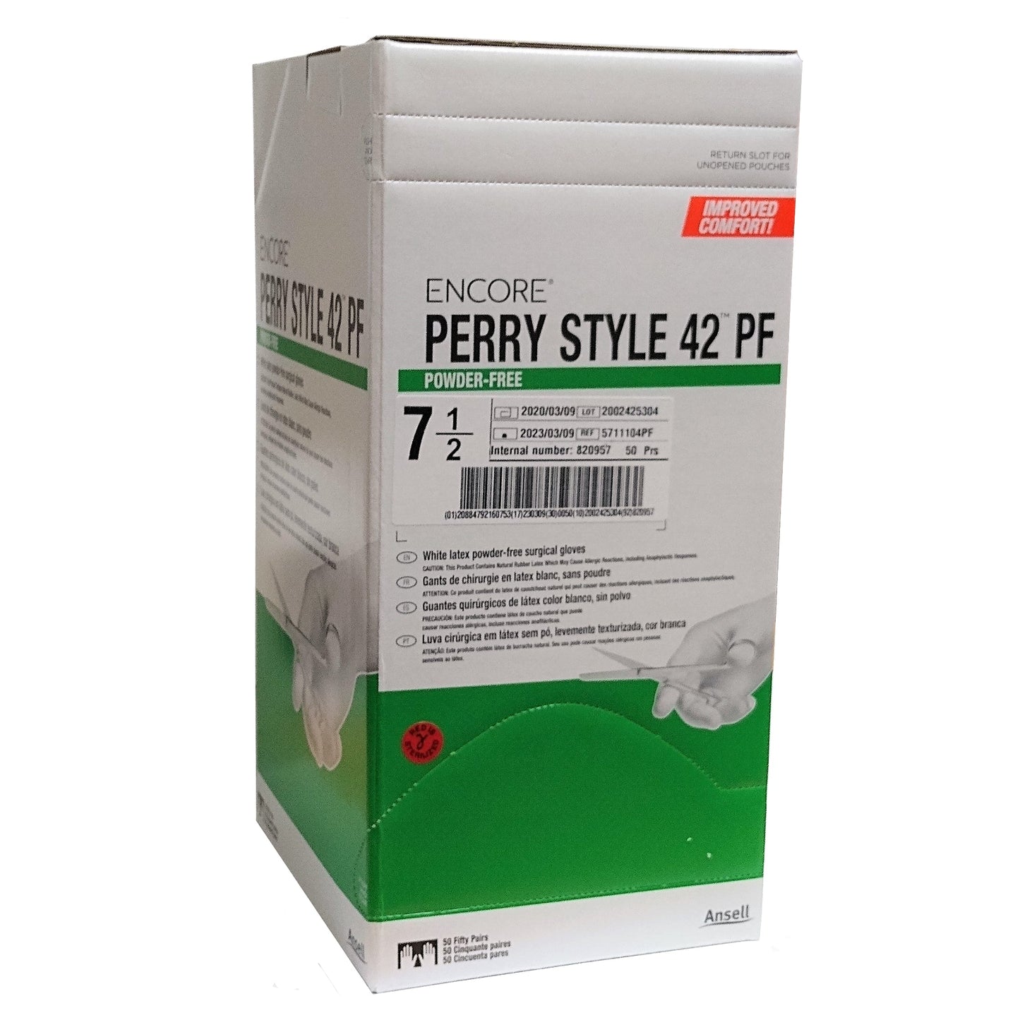 Encore Perry Style 42 Powder-Free, Latex, Surgical Gloves, Size: 7½, 50 Pairs Per Box, Case of 4 Boxes, By Encore