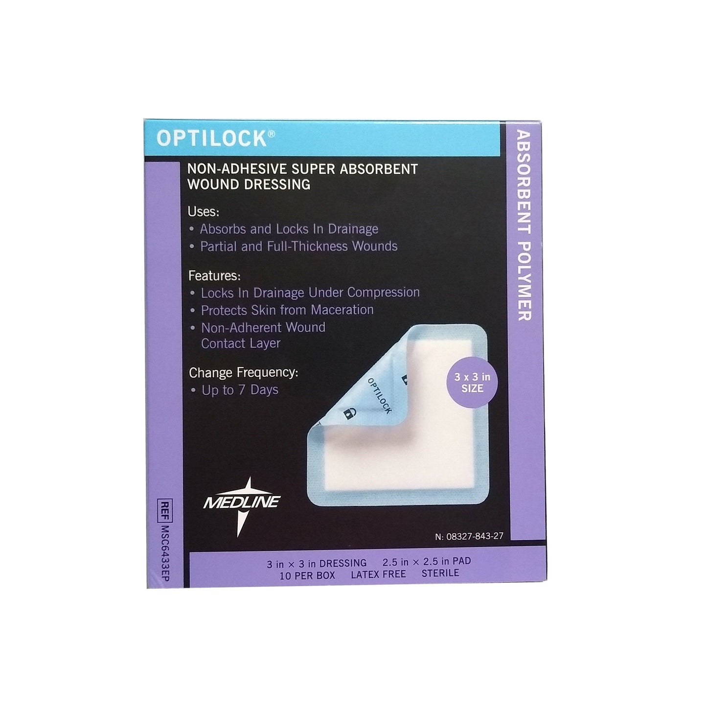 OptiLock Nonadhesive Super Absorbent Wound Dressings, 3" x 3", 1 Box of 10, MSC6433EPZ, By Medline