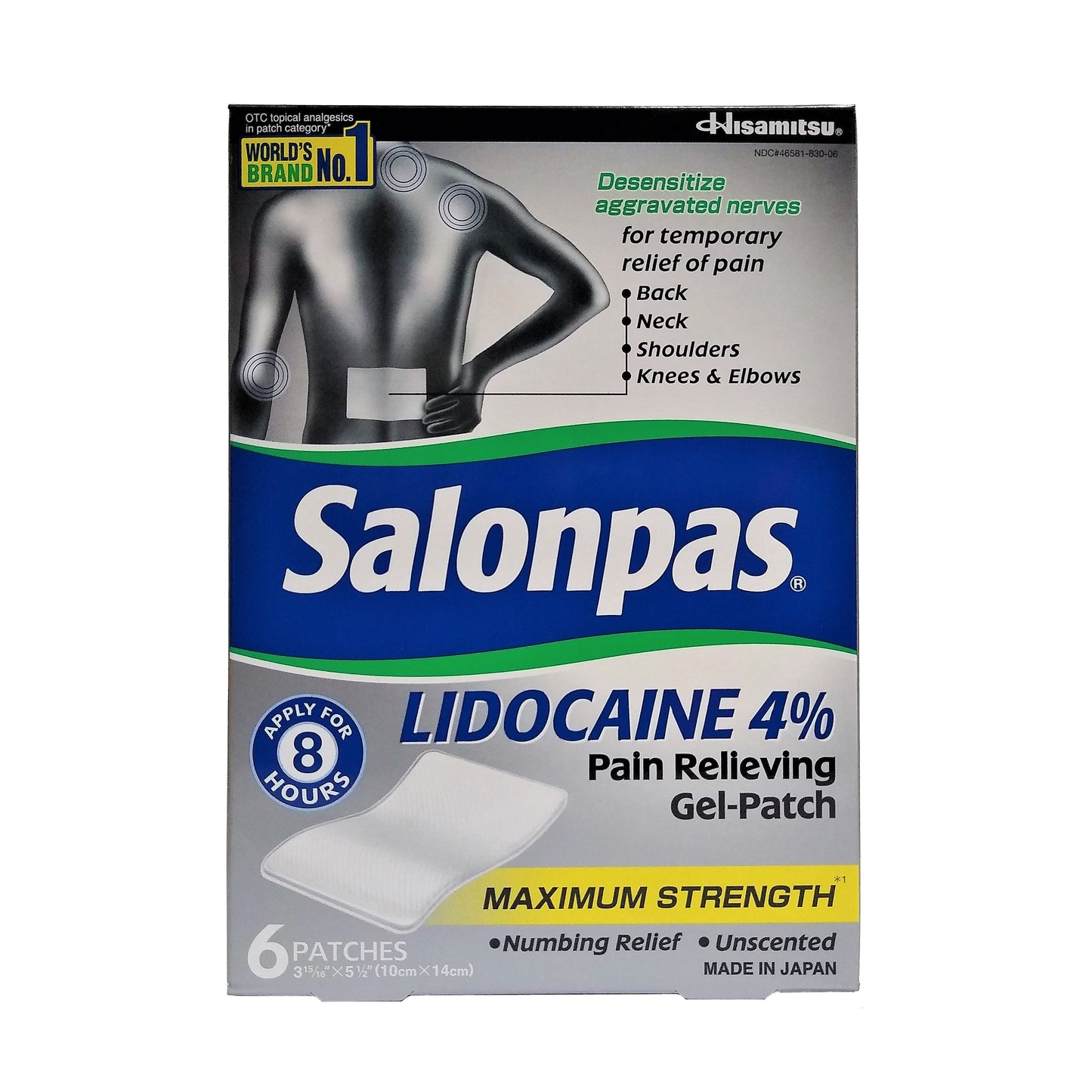 Salonpas 4% Lidocaine Pain Relieving Gel-Patch, 6 Count, 1 Pack Each, By Hisamitsu Pharmaceutical Co