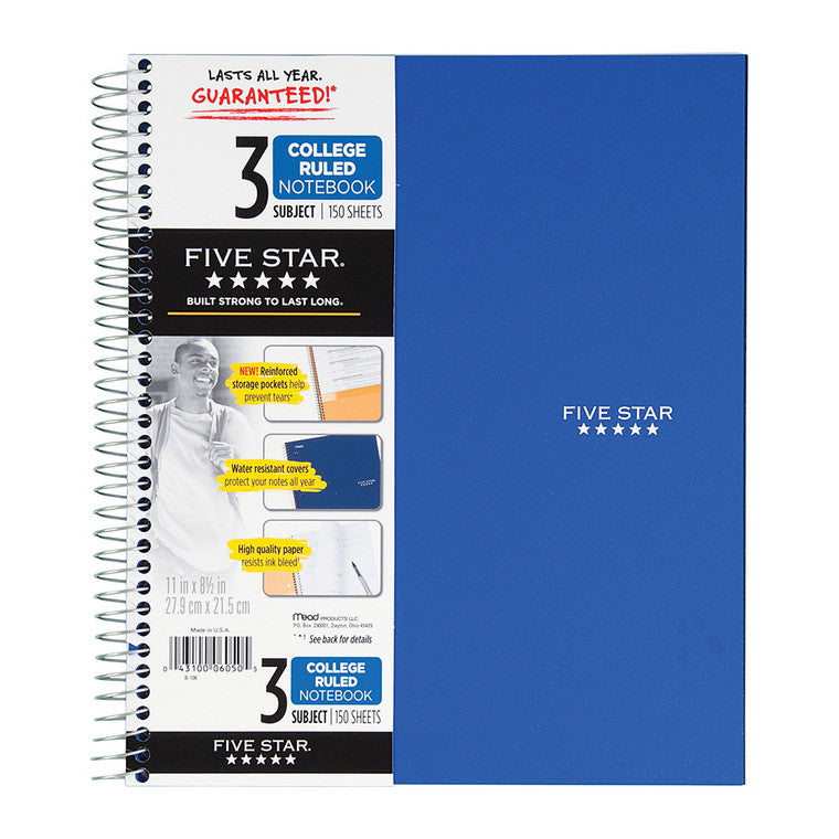 Five Star Spiral Notebook 3 Subject College Ruled 150 Sheets