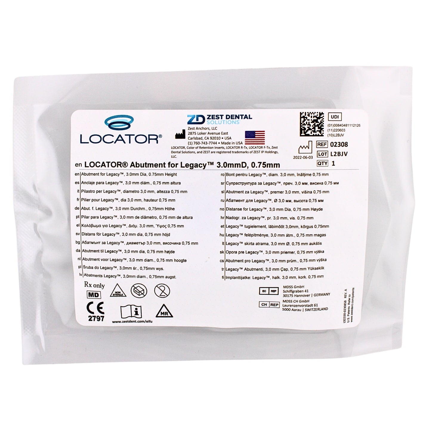 Dental Locator Abutment Legacy 3.0 mm Dia, 0.75 mm, Ref#02308, By Zest Dental Solutions