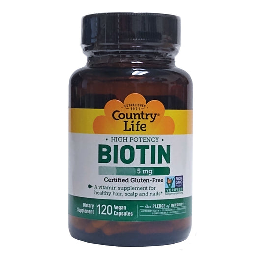 Country Life Biotin, 120 Vegan Capsules, 5mg, 1 Bottle Each, By Country Life LLC