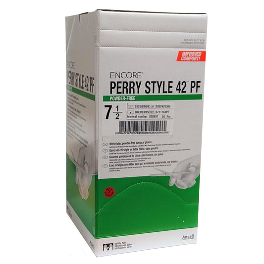Encore Perry Style 42 Powder-Free, Latex, Surgical Gloves, Size: 7½, 50 Pairs Per Box, Case of 4 Boxes, By Encore
