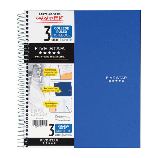 Five Star Spiral Notebook 3 Subject College Ruled 150 Sheets