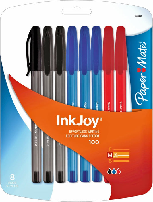Paper Mate InkJoy 100ST BallpOintment Pens, Medium POintment, Black/Red/Blue Ink, 8 Pack